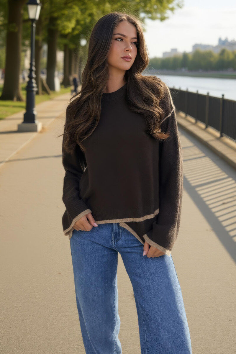Chocolate Contrast Piping Crew Neck Jumper