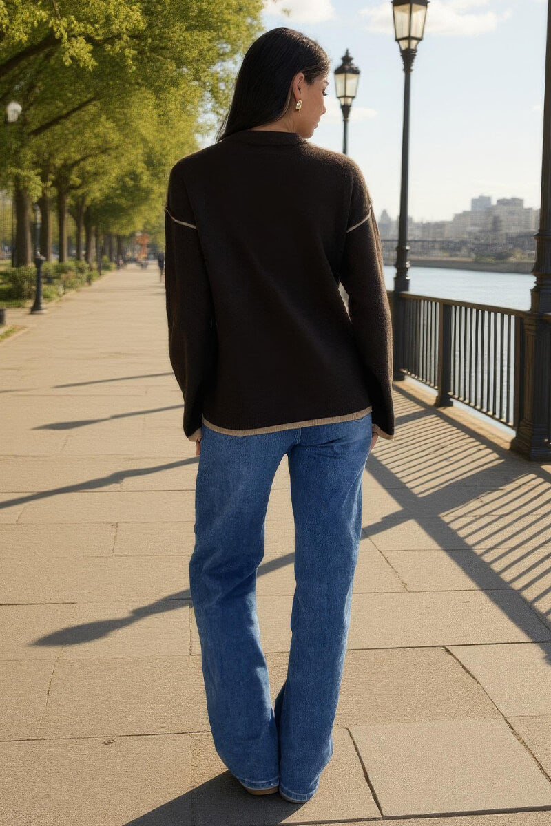 Chocolate Contrast Piping Crew Neck Jumper
