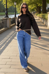 Chocolate Contrast Piping Crew Neck Jumper