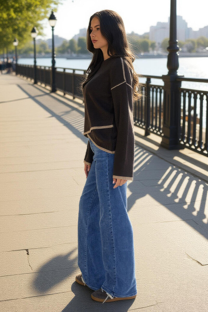 Chocolate Contrast Piping Crew Neck Jumper