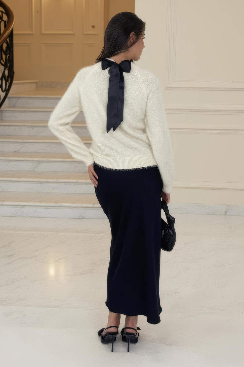 Cream Fluffy Knit Satin Bow Back Jumper