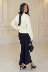 Cream Fluffy Knit Satin Bow Back Jumper