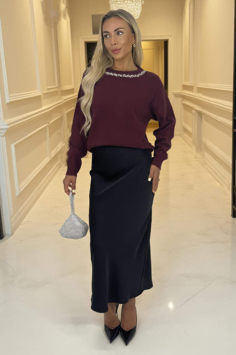 Burgundy Jewel Embellished Neck Jumper