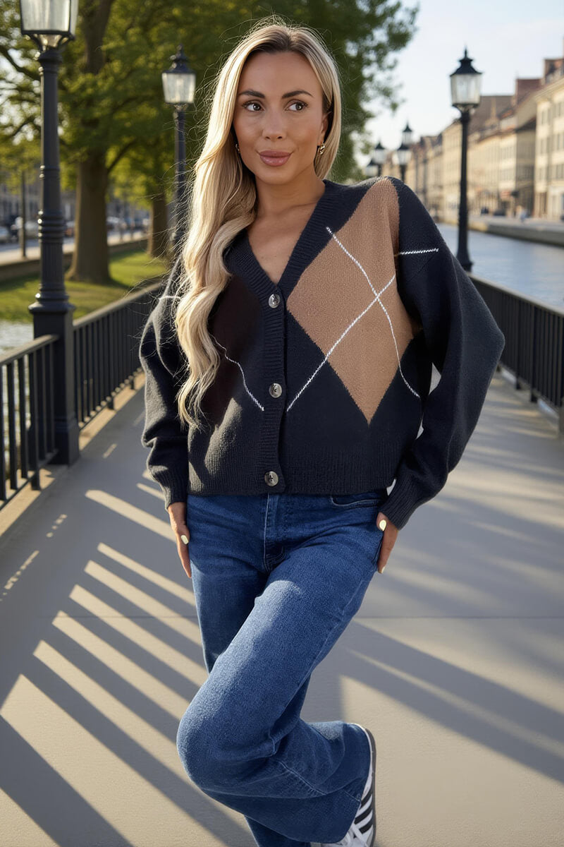 Multi Argyle Button Front Knitted Cardigan