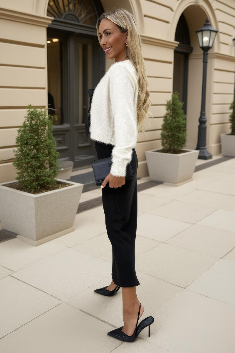 Cream Fluffy Knit Satin Bows Front Cardigan