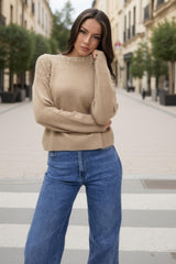 Oatmeal Pearl Embellished Crew Neck Jumper