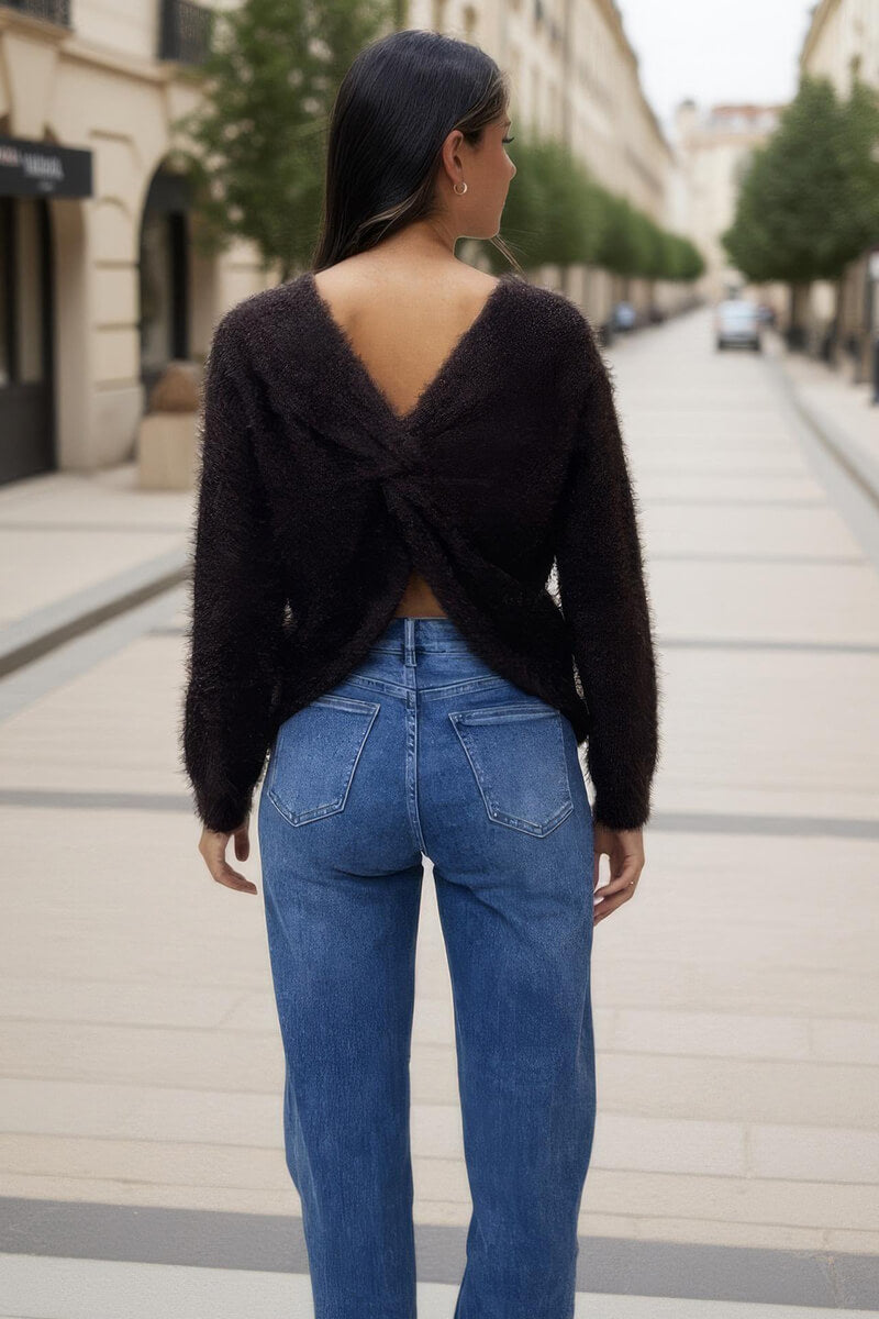 Chocolate Fluffy Knit Twist Detail Jumper