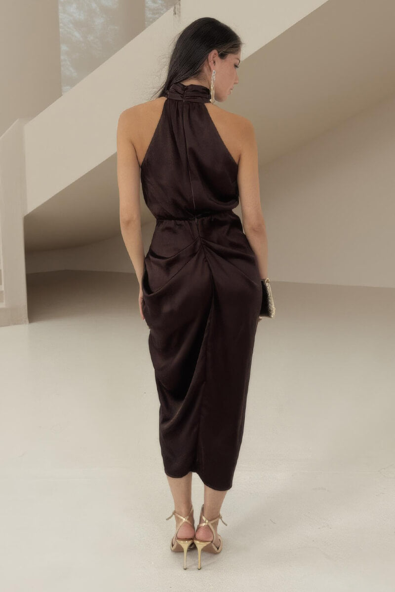 Chocolate Halter Neck Gathered Skirt Midi Dress