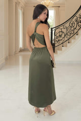 Olive One Shoulder Open Back Twist Detail Midi Dress