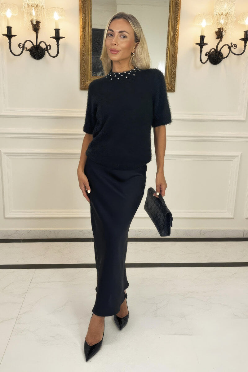 Black Embellished Neck Fluffy Knit Top