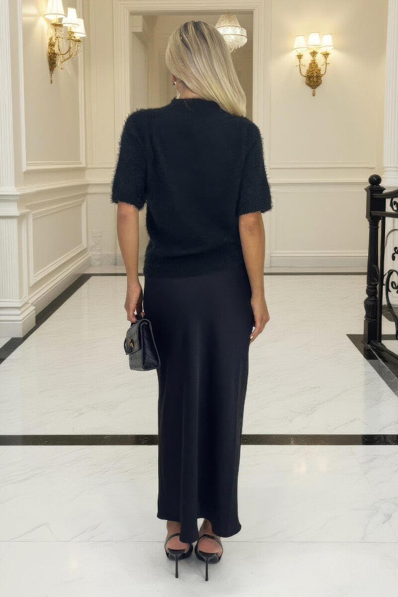 Black Embellished Neck Fluffy Knit Top