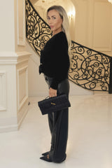 Black Fluffy Knit Satin Bows Front Cardigan