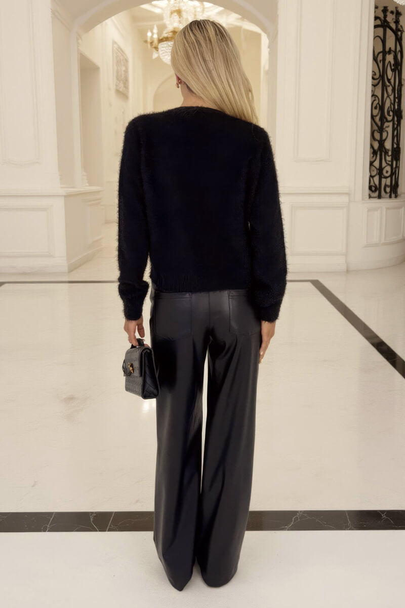 Black Fluffy Knit Satin Bows Front Cardigan