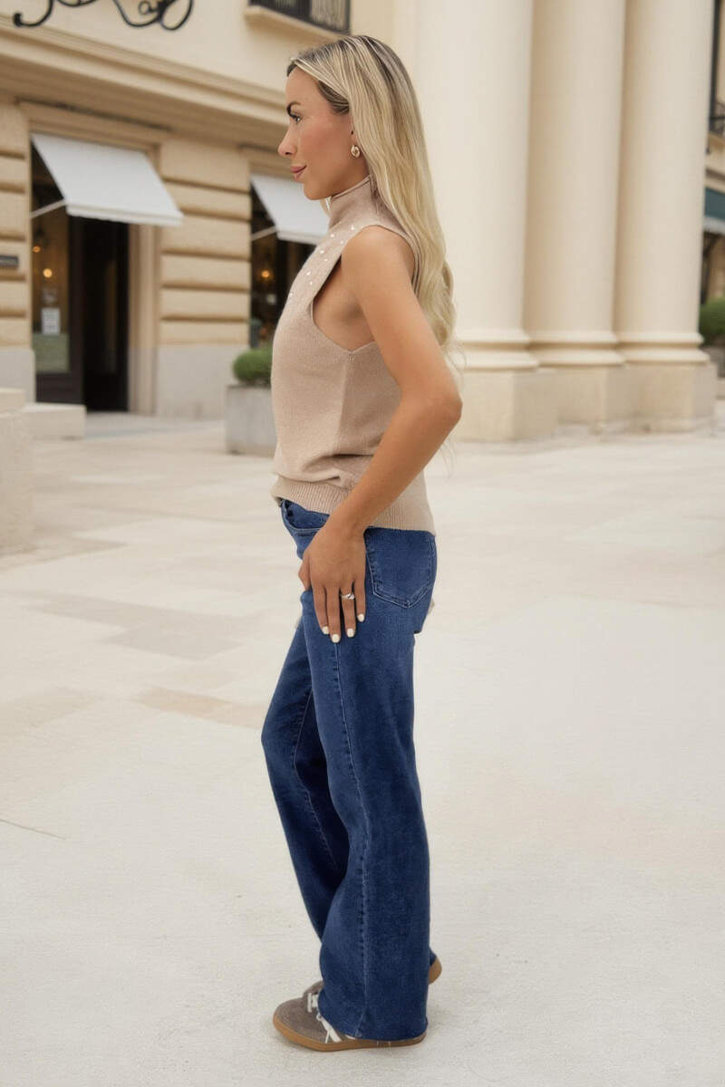 Oatmeal Pearl Embellished High Neck Knit Vest