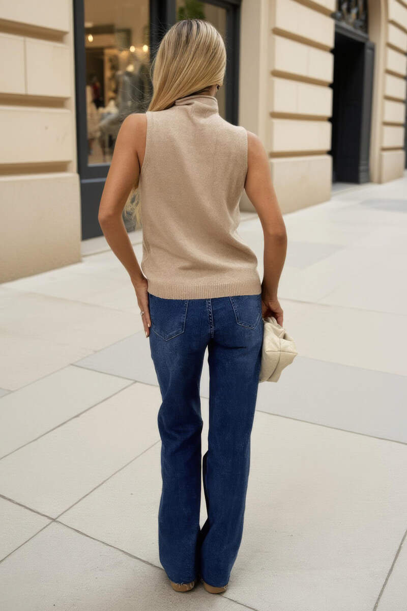 Oatmeal Pearl Embellished High Neck Knit Vest