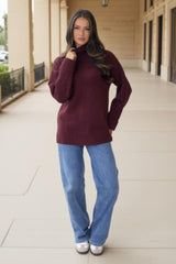 Burgundy Roll Neck Rib Detail Jumper