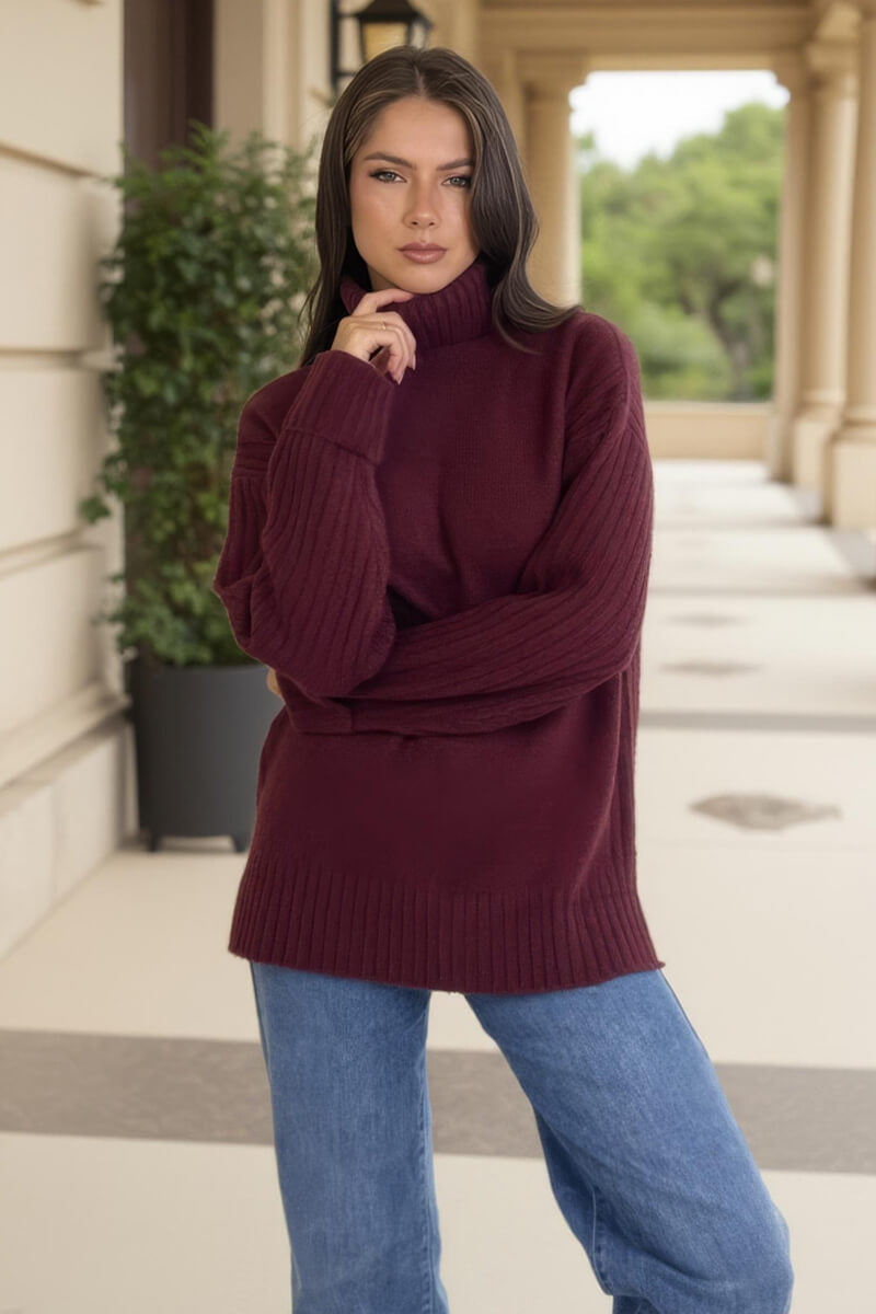Burgundy Roll Neck Rib Detail Jumper