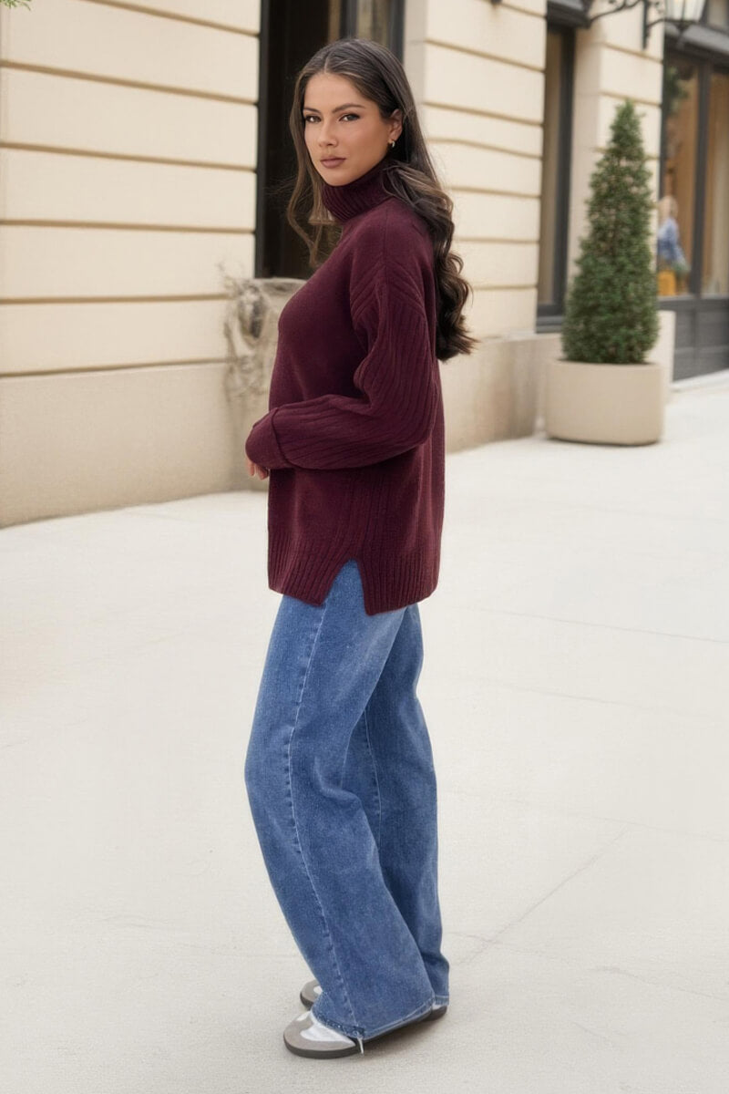 Burgundy Roll Neck Rib Detail Jumper