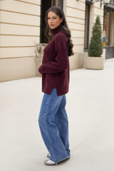 Burgundy Roll Neck Rib Detail Jumper