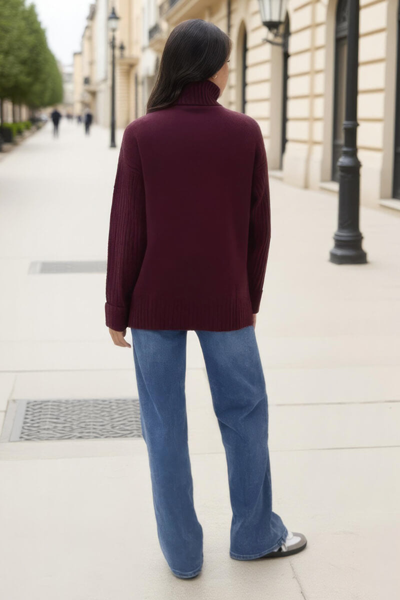 Burgundy Roll Neck Rib Detail Jumper