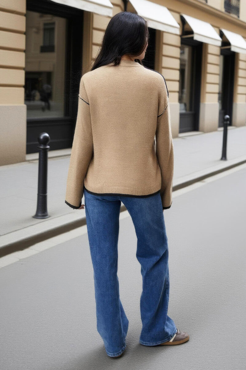 Oatmeal Contrast Piping Crew Neck Jumper
