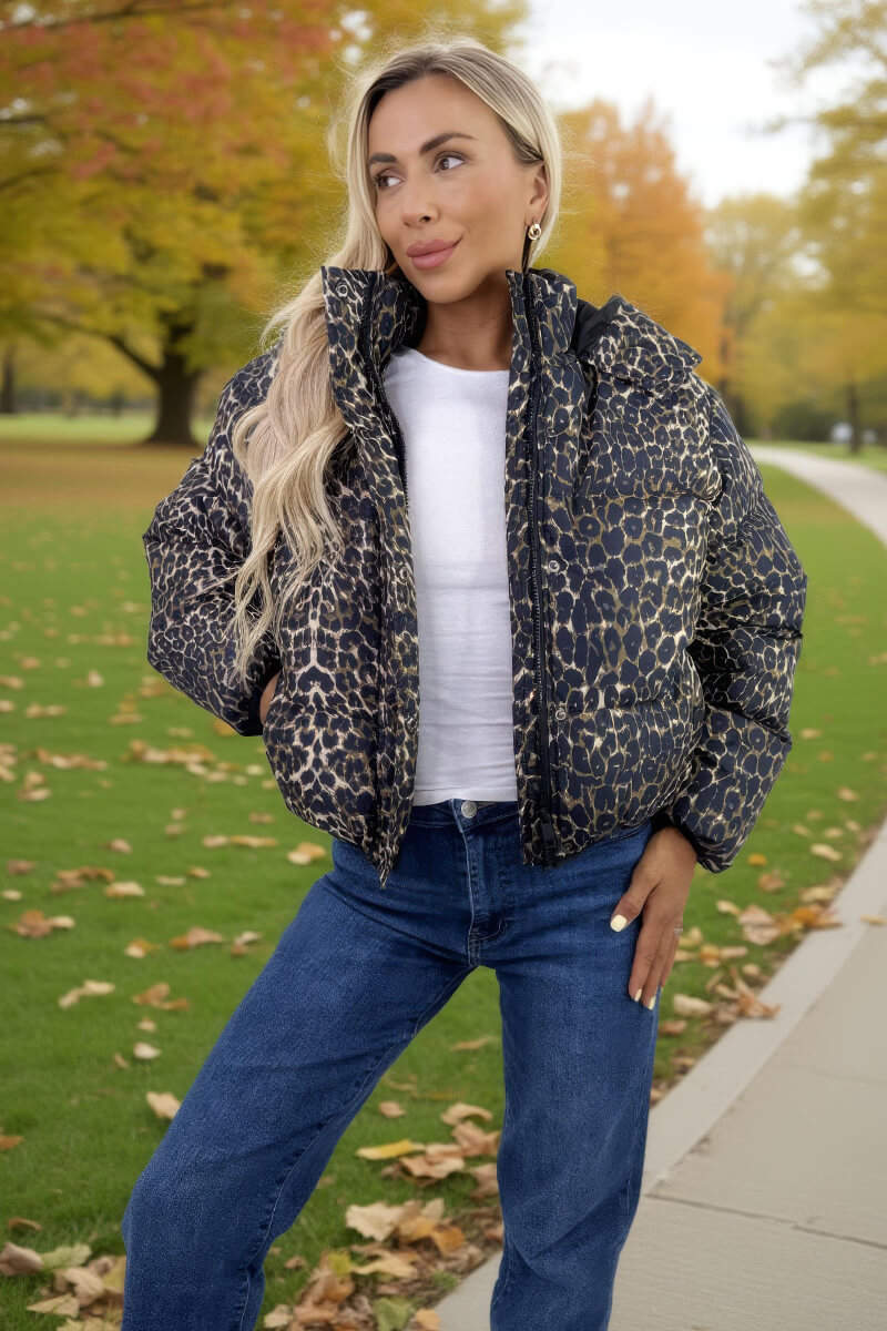 Leopard Print Hooded Short Puffer Coat