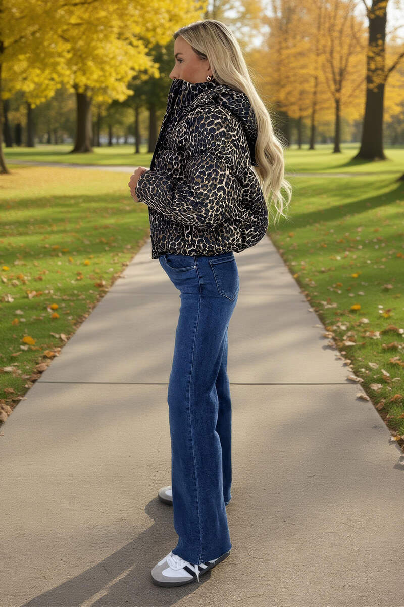 Leopard Print Hooded Short Puffer Coat