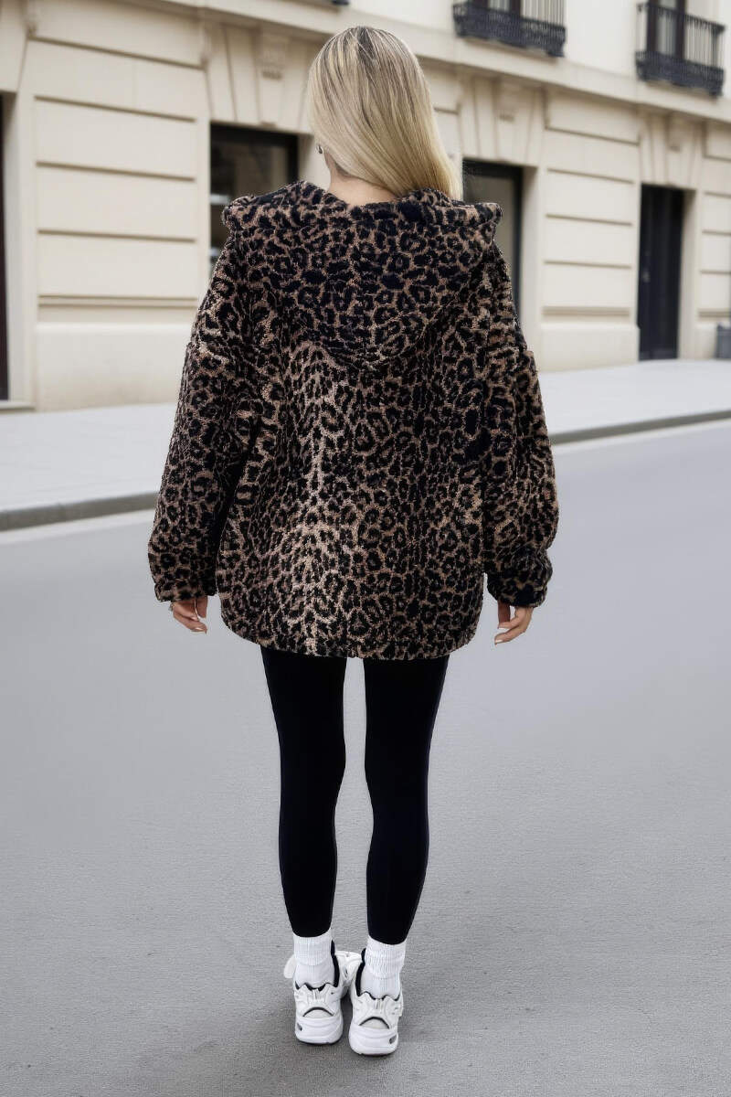 Leopard Print Drawstring Hooded Teddy Jacket