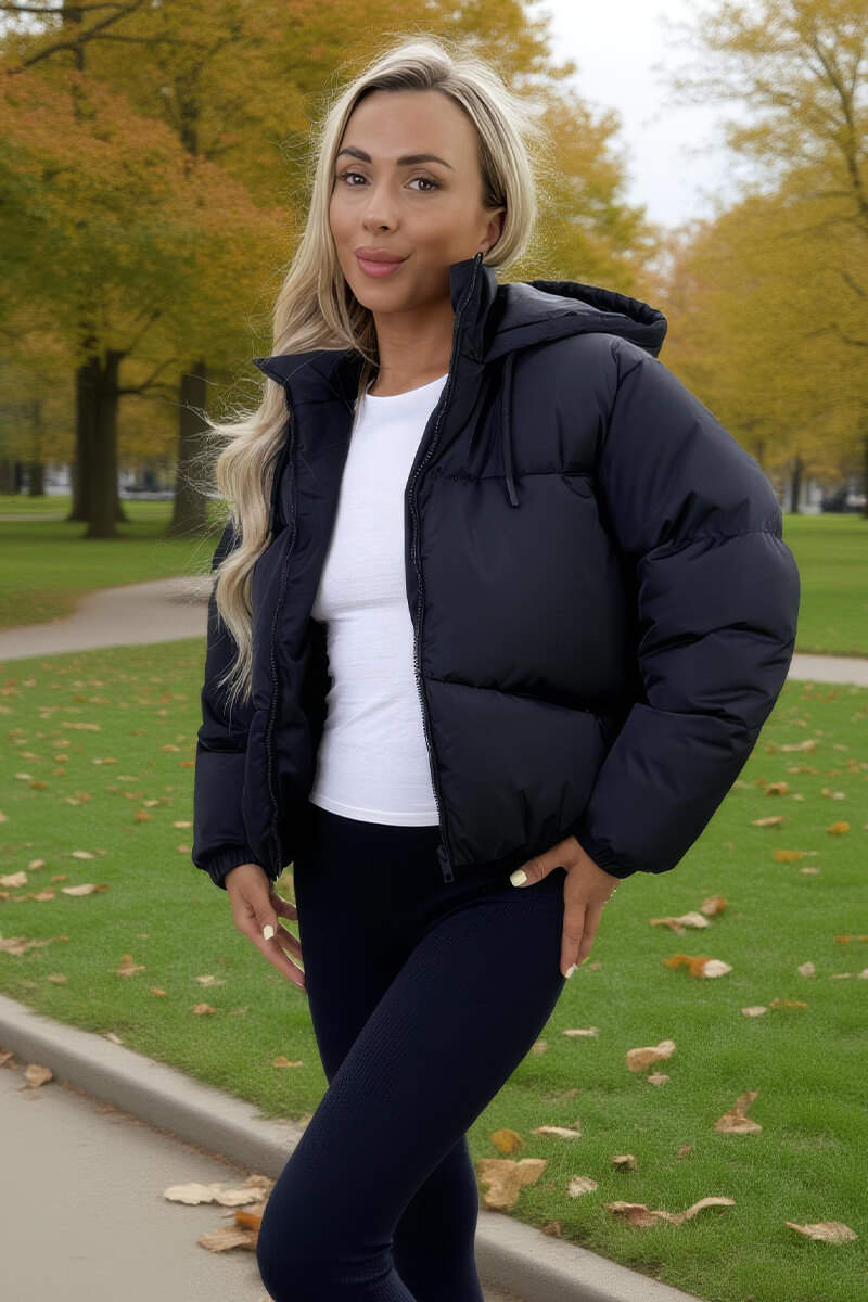 Black Drawstring Hood Short Puffer Coat