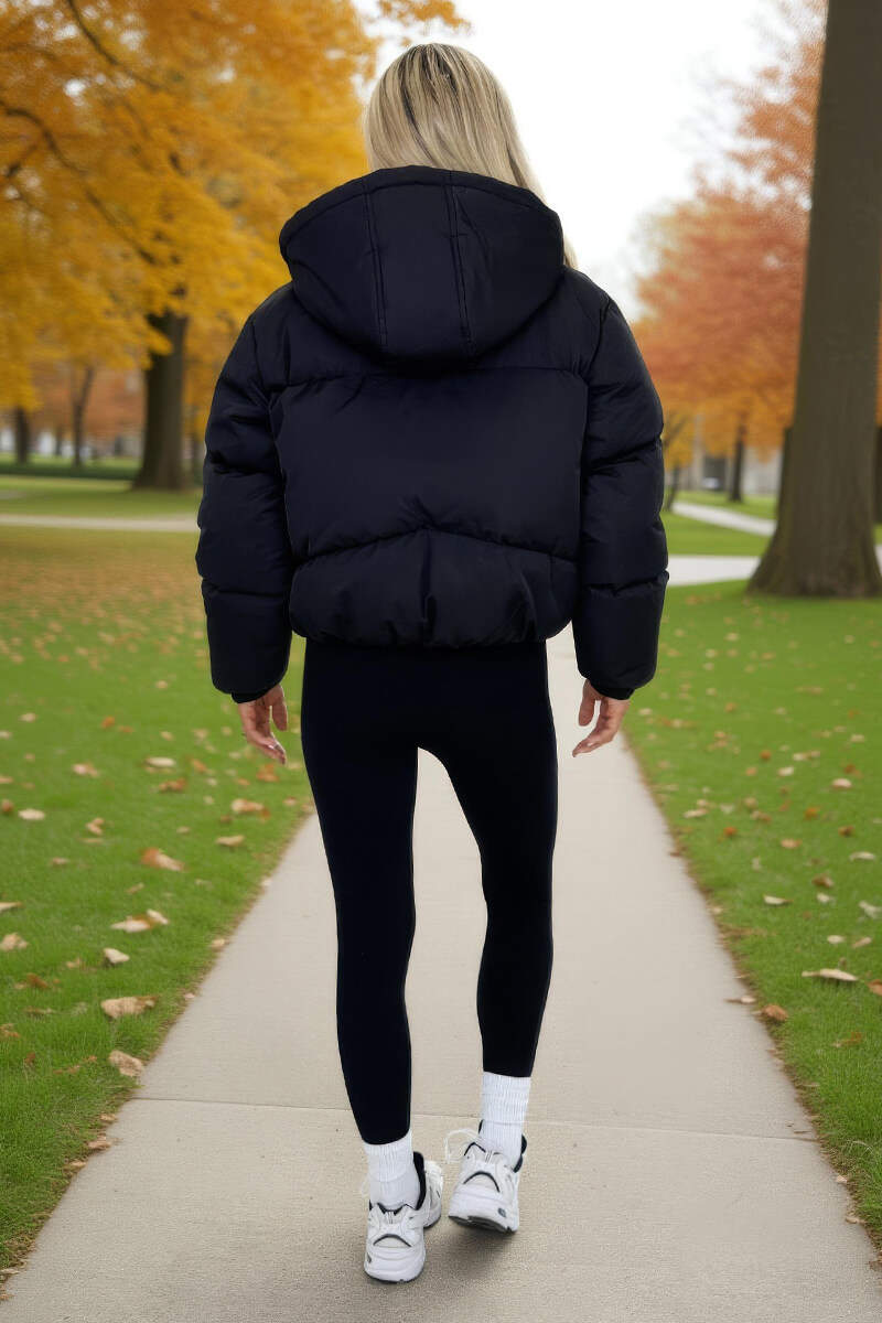 Black Drawstring Hood Short Puffer Coat