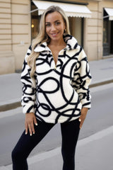 Cream And Black Swirl 1/4 Zip Teddy Sweatshirt