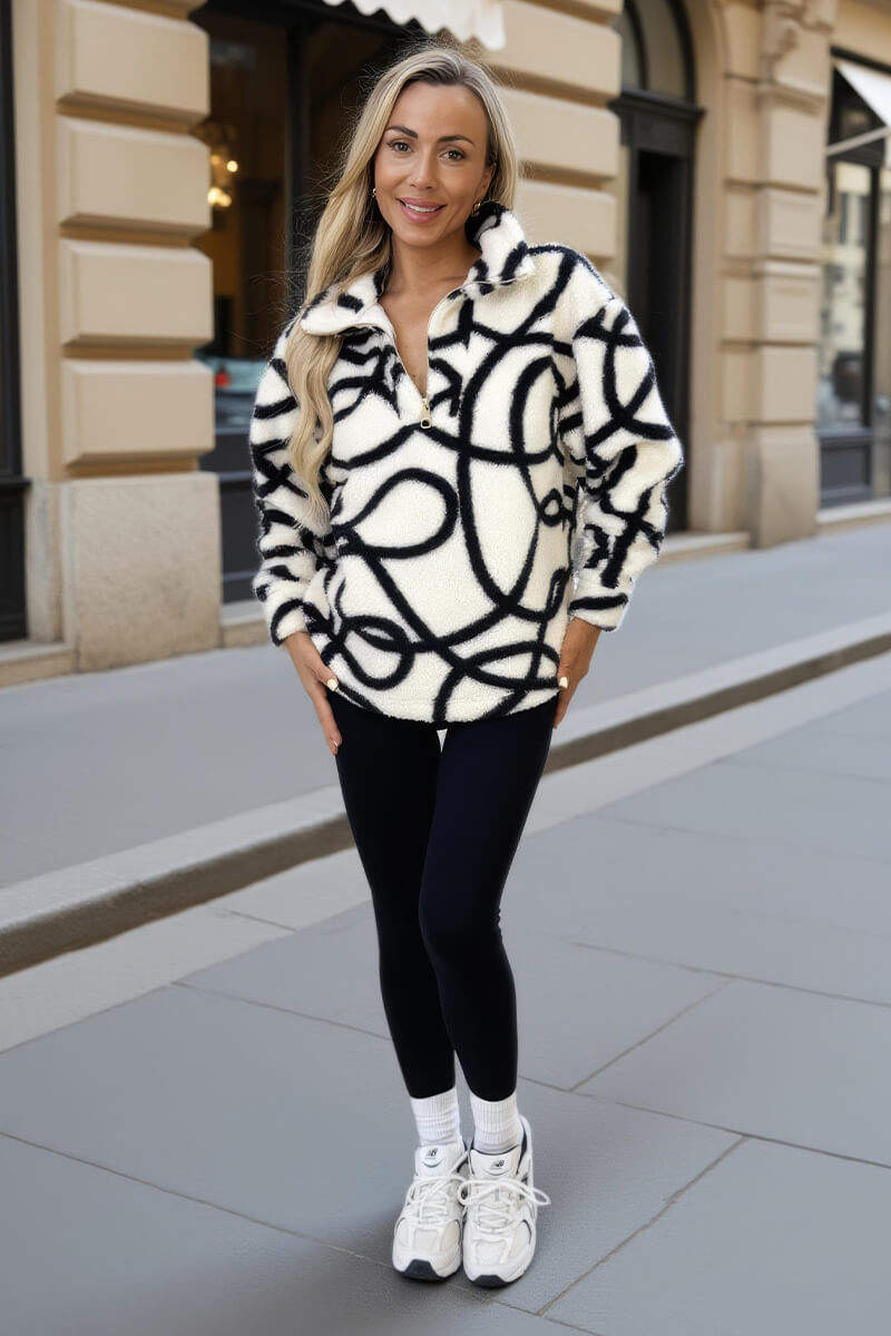 Cream And Black Swirl 1/4 Zip Teddy Sweatshirt