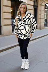 Cream And Black Swirl 1/4 Zip Teddy Sweatshirt
