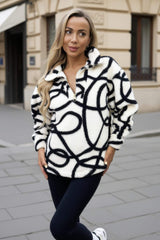 Cream And Black Swirl 1/4 Zip Teddy Sweatshirt