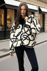 Cream And Black Swirl Pocket Detail Hooded Teddy Jacket