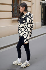 Cream And Black Swirl Pocket Detail Hooded Teddy Jacket