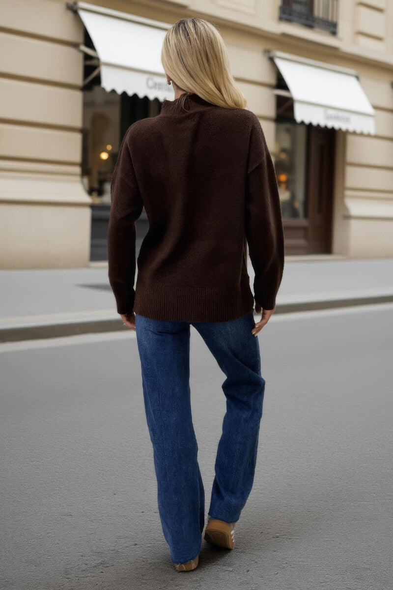Chocolate Mock Neck Split Hem Jumper