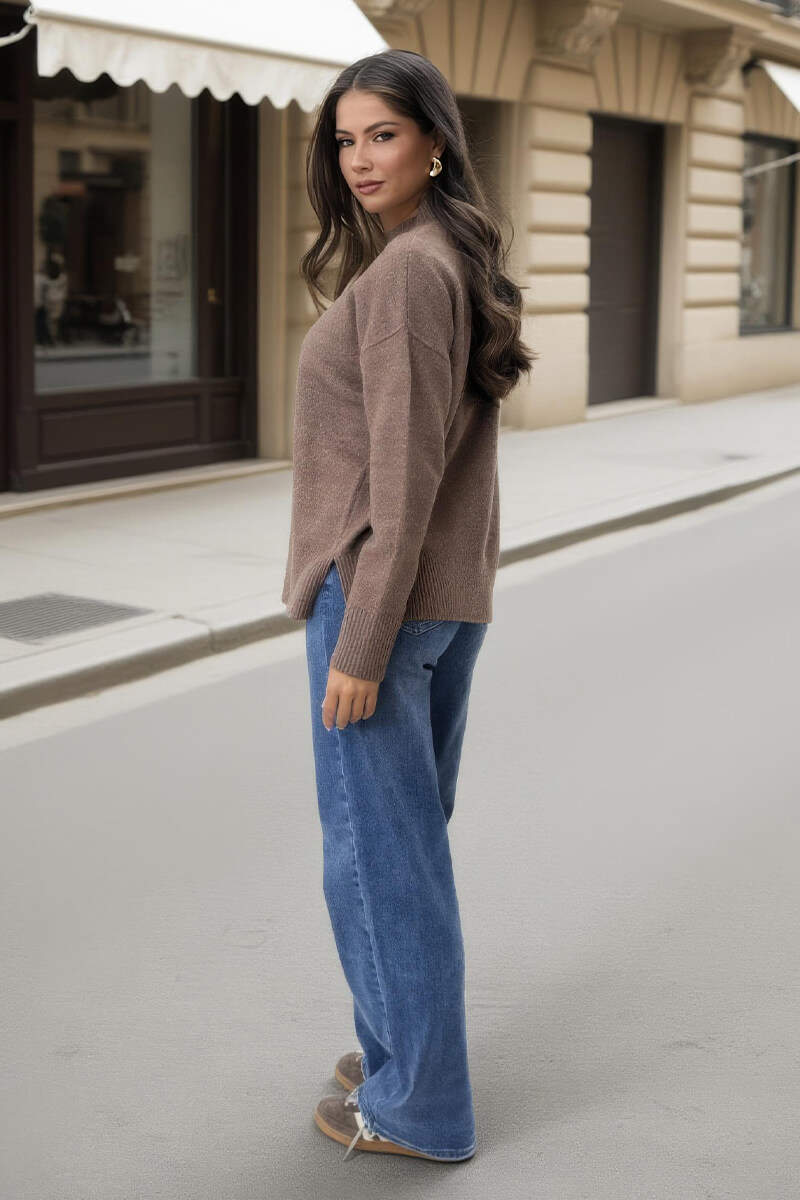 Mink Mock Neck Split Hem Jumper