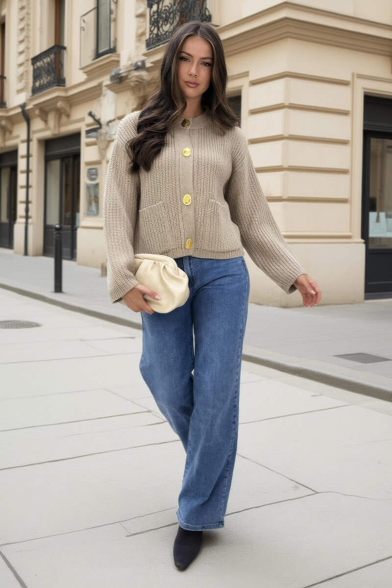 Oatmeal Knitted Gold Button Front Cardigan