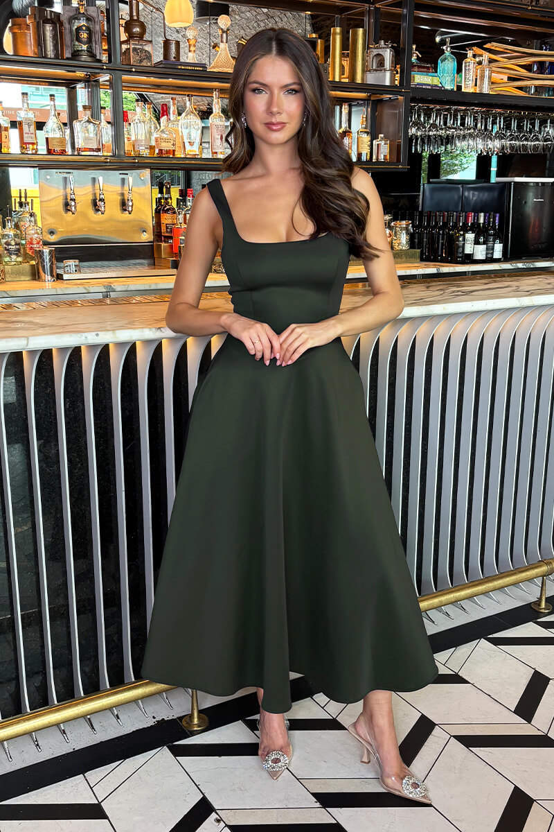 Forest Square Neck A-line Midi Dress