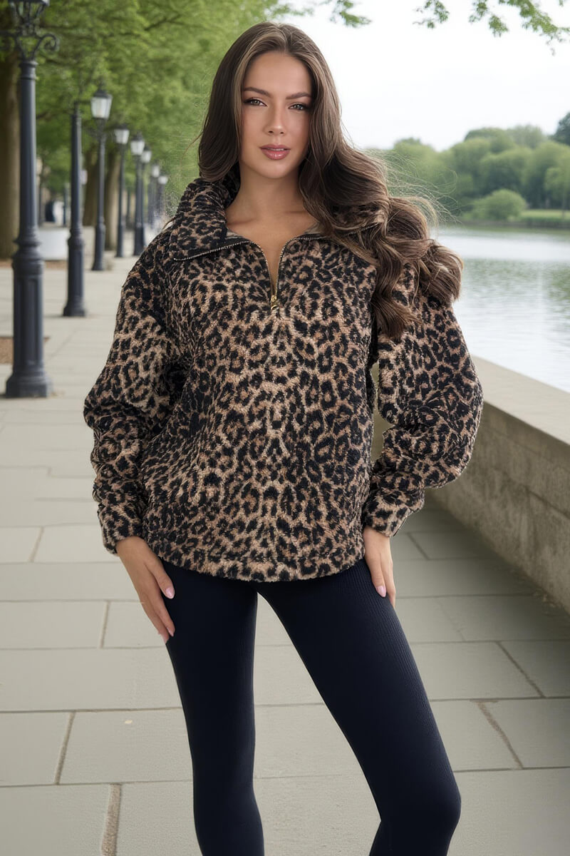 Leopard Print 1/4 Zip Teddy Sweatshirt