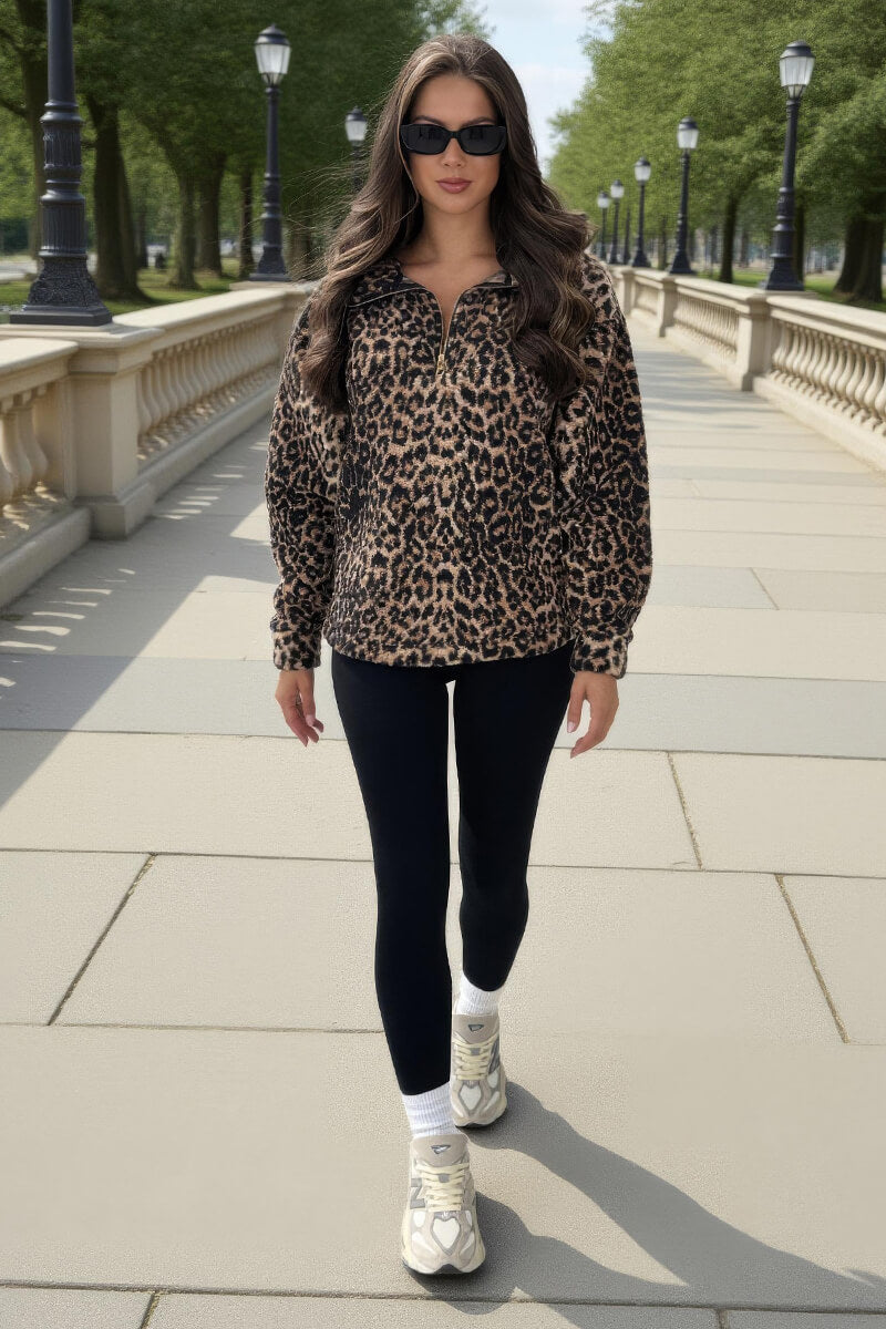 Leopard Print 1/4 Zip Teddy Sweatshirt