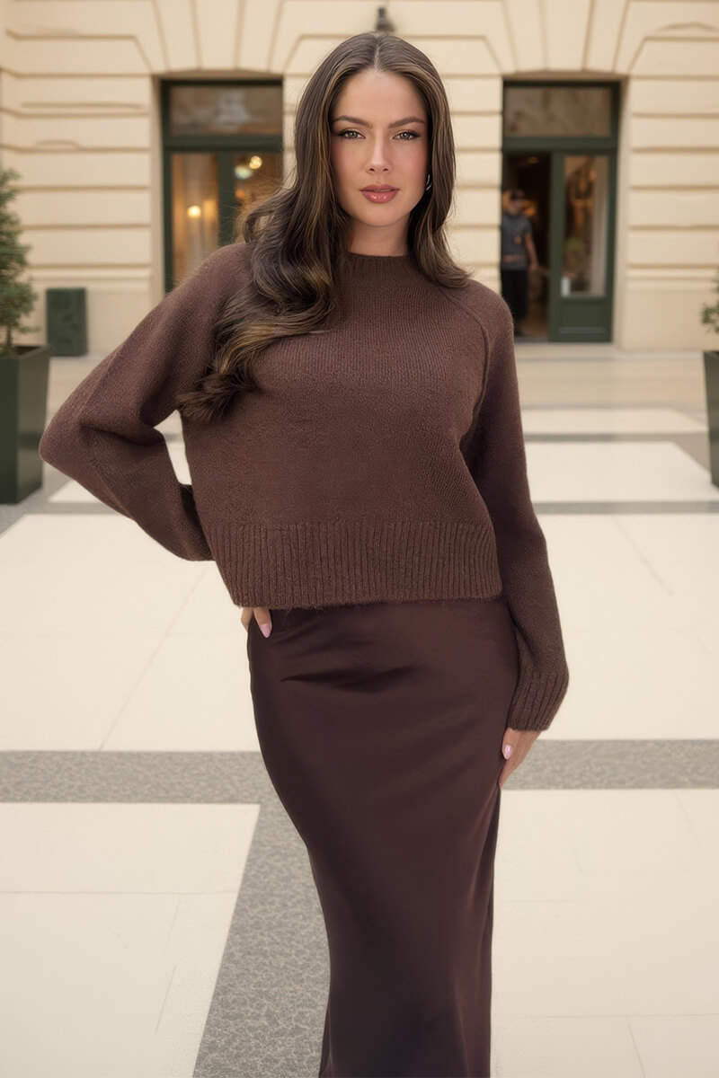 Chocolate Mock Neck Seam Detail Jumper