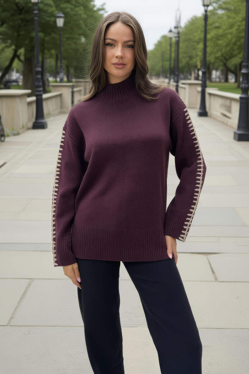 Burgundy Mock Neck Blanket Stitch Detail Jumper