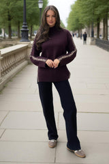 Burgundy Mock Neck Blanket Stitch Detail Jumper