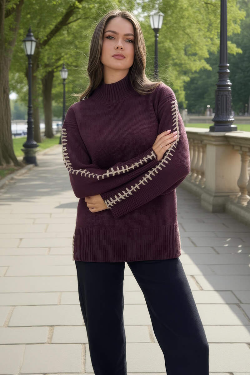 Burgundy Mock Neck Blanket Stitch Detail Jumper
