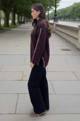 Burgundy Mock Neck Blanket Stitch Detail Jumper