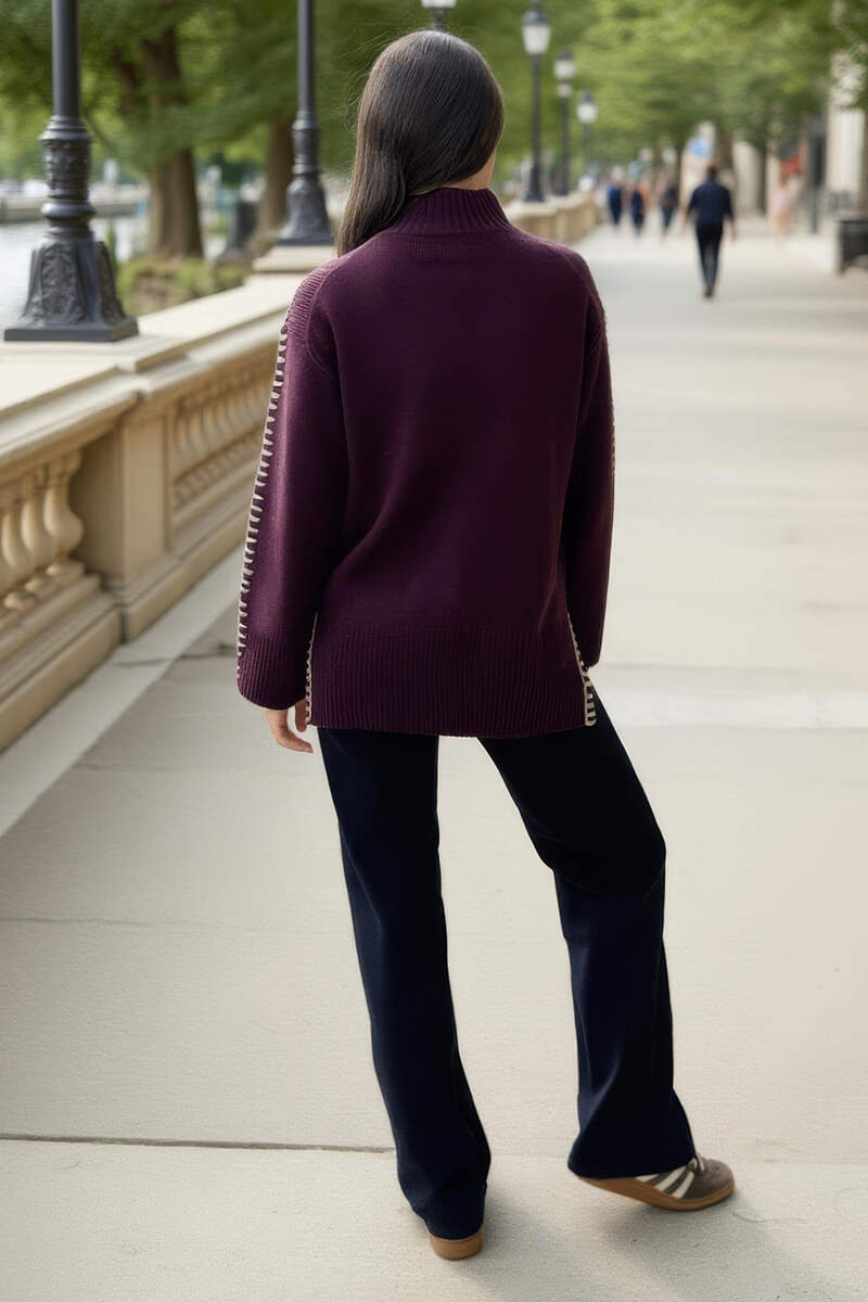Burgundy Mock Neck Blanket Stitch Detail Jumper