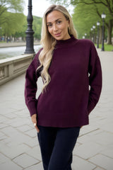 Burgundy Mock Neck Split Hem Jumper