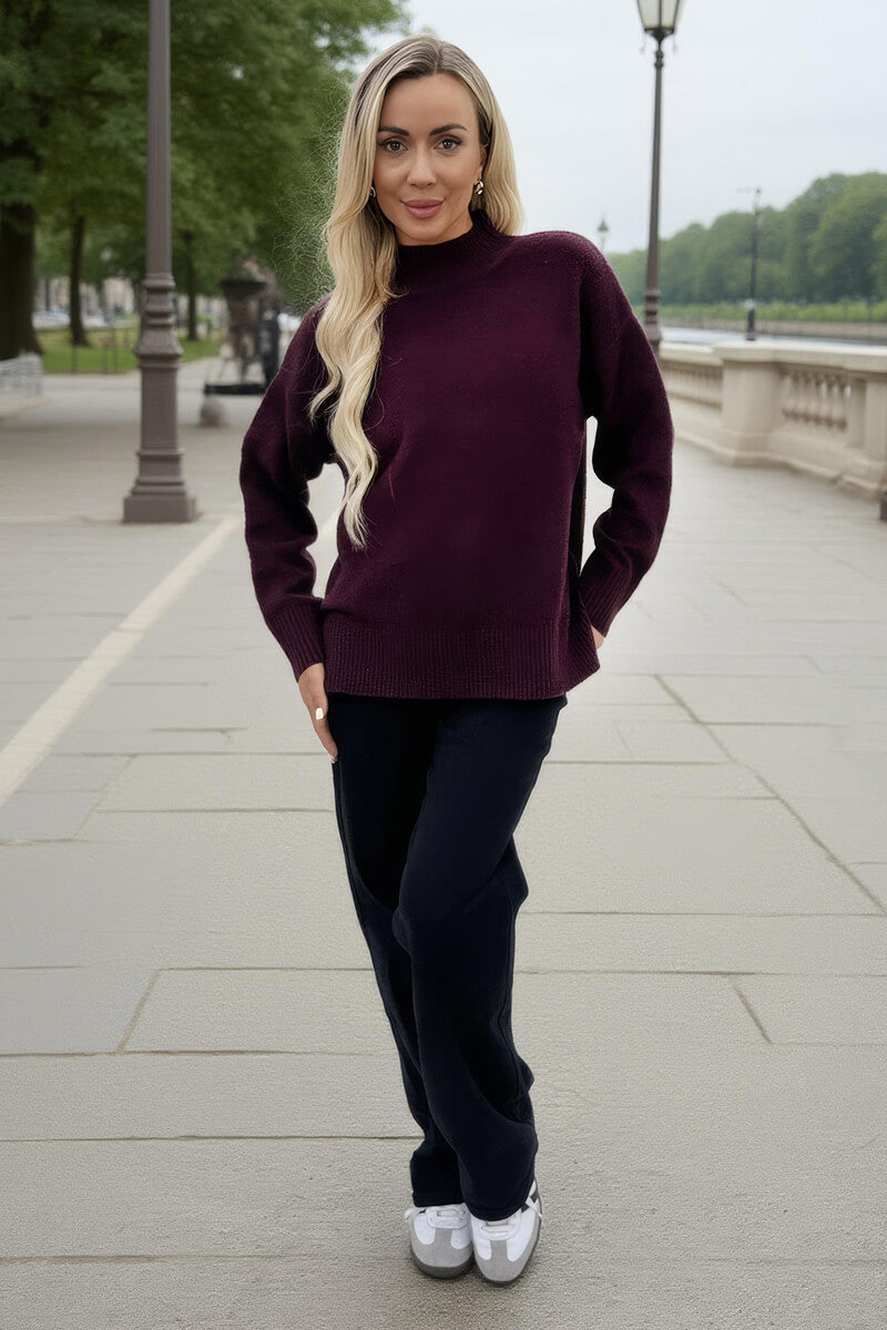 Burgundy Mock Neck Split Hem Jumper